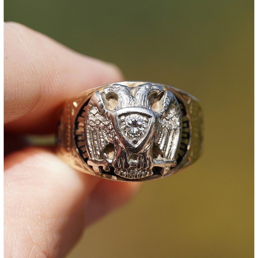 Vintage 10k Solid Gold Men's 32nd Degree Mason High Quality Natural Diamond Ring - Picture 8 of 9